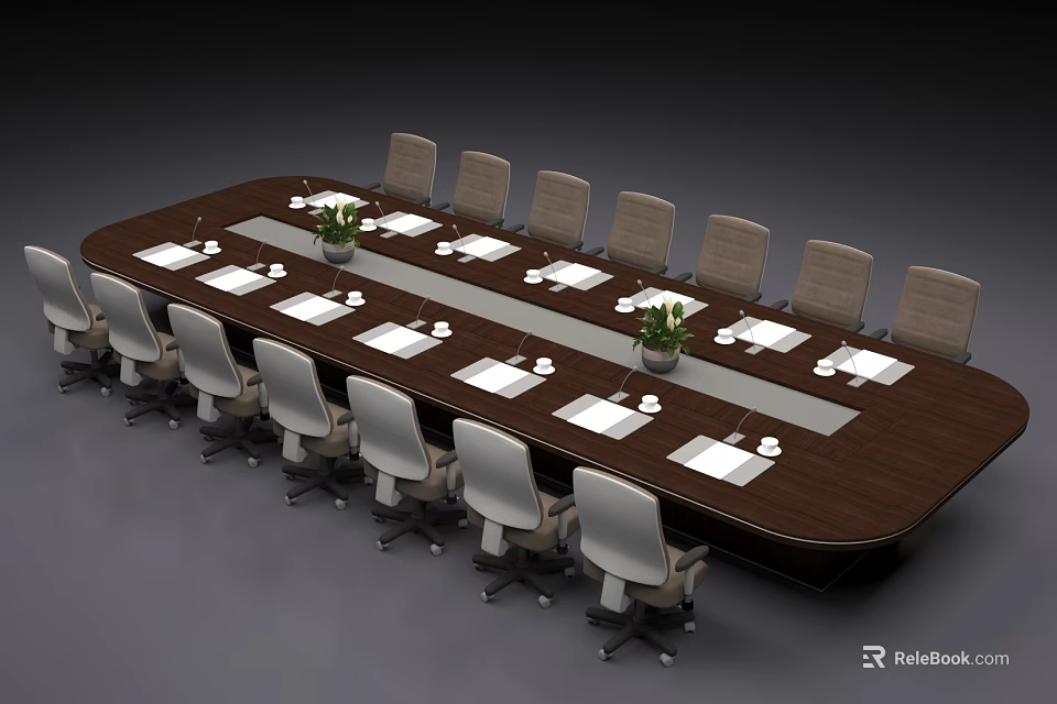 Modern Conference Table With Ergonomic Chairs Notebooks Plants And Cups In Meeting Room 3d model 