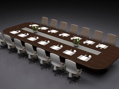Modern Conference Table With Ergonomic Chairs Notebooks Plants And Cups In Meeting Room 3d model