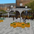 Urban Plaza Landscape With White Canopy Structures Orange Circular Seats And Green Trees