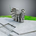Game Movie Character Eagle Stone Sculpture on Stone Paved Platform with Green Grass and Poles