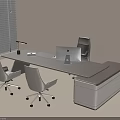 Modern Office Desk with Dark Wooden Top Two Gray Chairs Laptop Lamp and Window Blinds