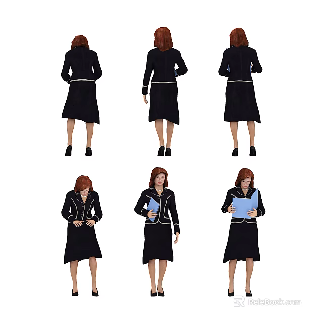 Woman in Black Dress with Different Poses Holding Blue Folder in Multiple Angles 3d model 