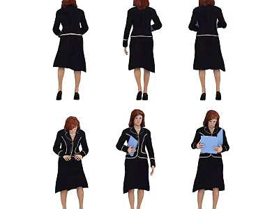Woman in Black Dress with Different Poses Holding Blue Folder in Multiple Angles 3d model
