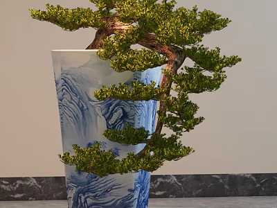 Bonsai Plant With Curved Branches And Lush Green Foliage In Blue And White Ceramic Pot 3d model
