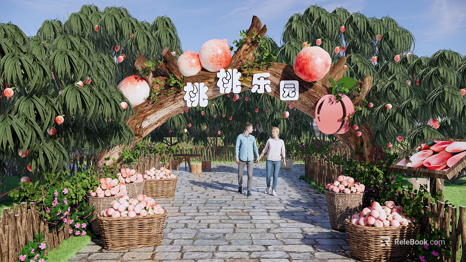 Commercial Equipment in Peach Paradise Featuring Decorative Arch Display Baskets and Walking Visitors 3d model 
