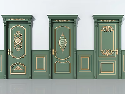 Elegant Ornate Green Hinged Doors With Gold Carvings And Decorative Panels 3d model