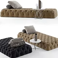 Velvet Tufted Ottomans Brown and Black with Decorative Pillows and Side Table