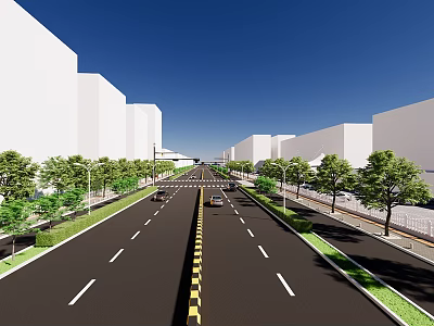 Municipal Road Featuring Clear Lane Markings Yellow Divider Green Trees Street Lamps And Buildings 3d model