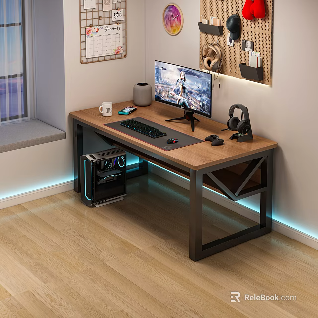 Modern Office Desk With Wooden Top Metal Frame Computer Setup Coffee Mug And LED Lights 3d model 