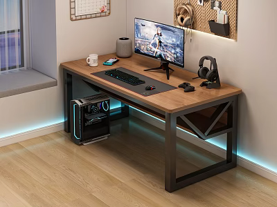 Modern Office Desk With Wooden Top Metal Frame Computer Setup Coffee Mug And LED Lights 3d model