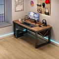 Modern Office Desk With Wooden Top Metal Frame Computer Setup Coffee Mug And LED Lights