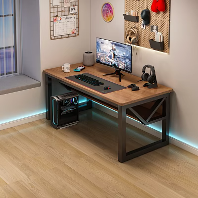 Modern Office Desk With Wooden Top Metal Frame Computer Setup Coffee Mug And LED Lights 3d model