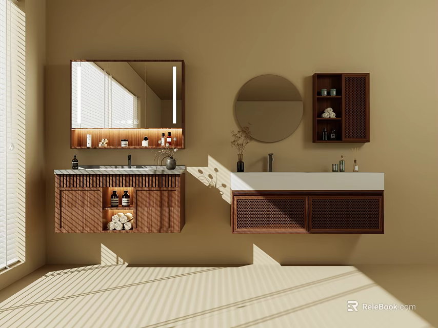 Modern Wooden Bathroom Interior Vanity Cabinets With Mirrors Countertops And Storage Shelves 3d model 