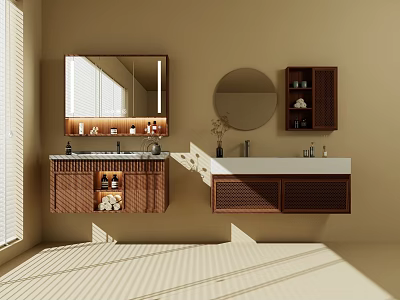 Modern Wooden Bathroom Interior Vanity Cabinets With Mirrors Countertops And Storage Shelves 3d model