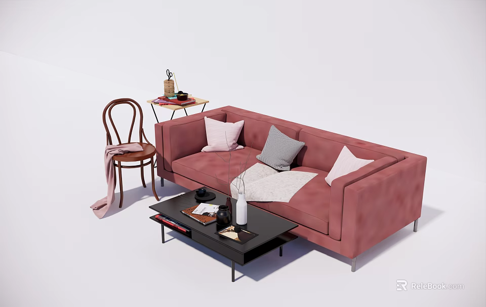 Pink Sofa And Black Coffee Table Combination With Throw Pillows And Decorative Items 3d model