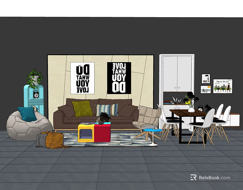 Living Room Sofa and Coffee Table Set With Throw Pillows Decorative Posters and Area Rug 3d model 