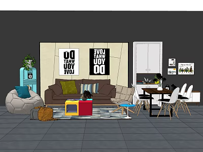 Living Room Sofa and Coffee Table Set With Throw Pillows Decorative Posters and Area Rug 3d model