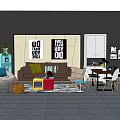 Living Room Sofa and Coffee Table Set With Throw Pillows Decorative Posters and Area Rug