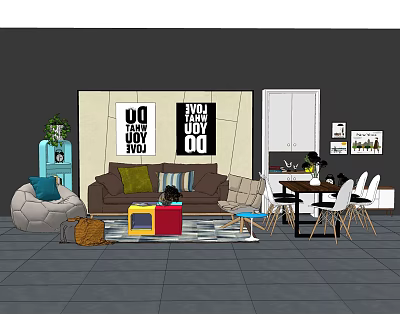 Living Room Sofa and Coffee Table Set With Throw Pillows Decorative Posters and Area Rug 3d model