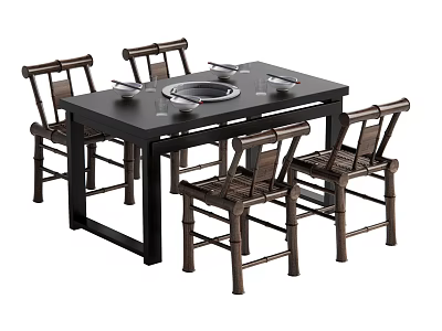 Bamboo Woven Dining Table Set Rectangular Black Top Hot Pot And Four Chairs 3d model