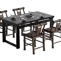 Bamboo Woven Dining Table Set Rectangular Black Top Hot Pot And Four Chairs 3d model