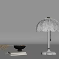 Vintage Table Lamp With White Lace Shade Wooden Base Black Bowl Books And Dried Grass