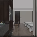 Hotel Guest Room With Two Double Beds White Sheets Desk Chair TV And Window