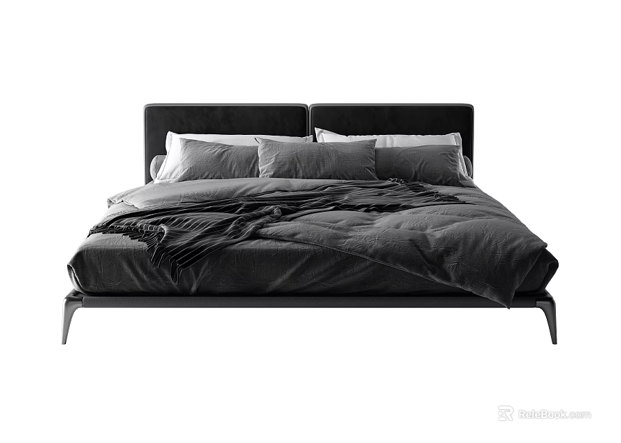 Modern Black Double Bed With Gray Pillows And Black Duvet 3d model