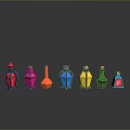 Woman Showcasing Colorful Bottles With Various Shapes And Reflections On Dark Background