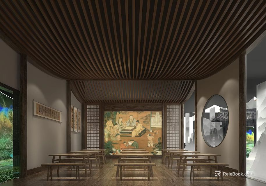 Traditional Cultural Center Interior With Wooden Ceiling Mural Paintings And Wooden Tables 3d model 