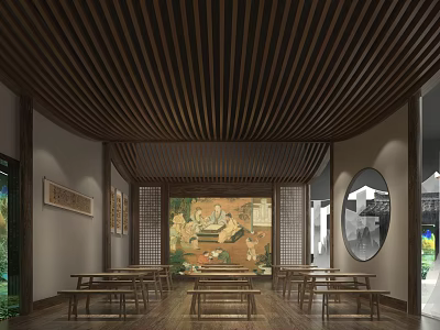 Traditional Cultural Center Interior With Wooden Ceiling Mural Paintings And Wooden Tables 3d model