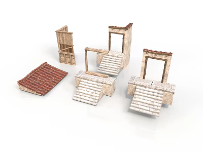 Building Models Featuring Roof Stairs Door Frames Stone And Wooden Components 3d model