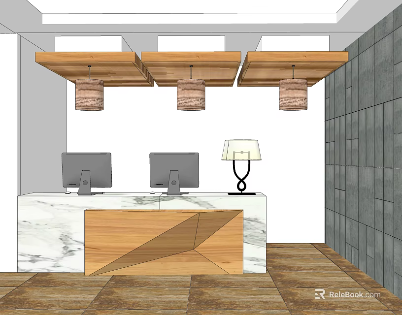 Modern Hotel Lobby With Marble Wooden Reception Desk Hanging Lights And Gray Stone Wall 3d model 