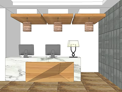 Modern Hotel Lobby With Marble Wooden Reception Desk Hanging Lights And Gray Stone Wall 3d model
