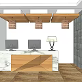 Modern Hotel Lobby With Marble Wooden Reception Desk Hanging Lights And Gray Stone Wall