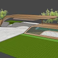 Modern Entrance Gate With Curved Wooden Structure Green Plants And White Brick Wall