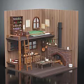 Cozy Wooden Interior Design With Upper Bunk Bed Ladder Fireplace Tables And Shelves