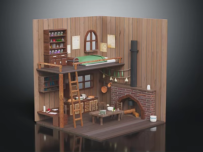 Cozy Wooden Interior Design With Upper Bunk Bed Ladder Fireplace Tables And Shelves 3d model