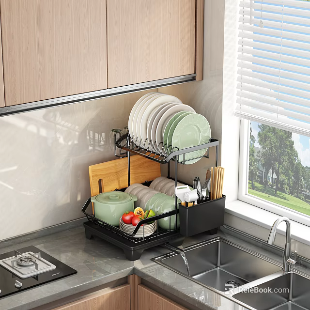 Kitchen Countertop Multi Tiered Dish Rack With Plates Bowls Cutting Board And Kitchen Utensils 3d model 