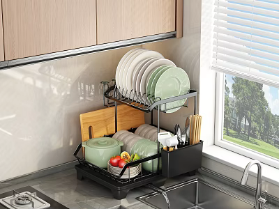 Kitchen Countertop Multi Tiered Dish Rack With Plates Bowls Cutting Board And Kitchen Utensils 3d model