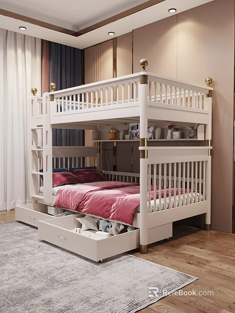 White Bunk Bed With Gold Accents Underbed Storage Drawers And Pink Mattress 3d model 