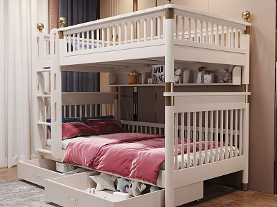 White Bunk Bed With Gold Accents Underbed Storage Drawers And Pink Mattress 3d model