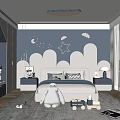 Cozy Kids Room With Blue Wall Cloud Star Moon Decorations White Furniture Toys And Rug