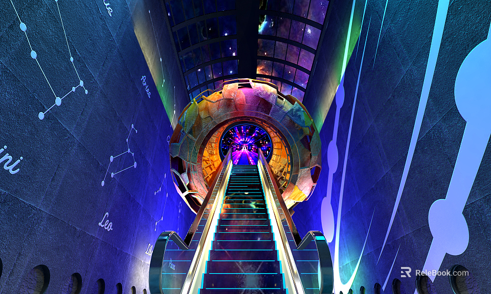 Unique Elevator Design With Colorful Lighting Starry Ceiling And Illuminated Stairs 3d model 