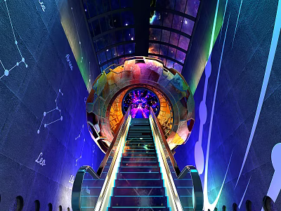 Unique Elevator Design With Colorful Lighting Starry Ceiling And Illuminated Stairs 3d model