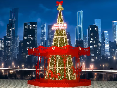 Christmas Themed Photo Spot With Illuminated Tree And Red Carousel In City Night View 3d model