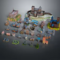 Cartoon Scene With Colorful Castles Houses And Various Detailed Miniature Buildings