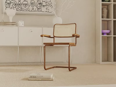 Stylish Modern Bar Chair with Woven Backrest Wooden Frame in Living Room White Cabinet Rug 3d model