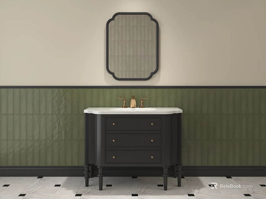Stylish Black Bathroom Vanity With White Countertop Brass Faucet Oval Mirror And Green Striped Tiles 3d model 
