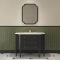 Stylish Black Bathroom Vanity With White Countertop Brass Faucet Oval Mirror And Green Striped Tiles